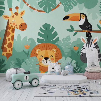 Kids-Mundo giraffe lion zebra toucan wall mural styled in a playful playroom