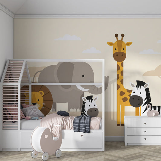 Kids-Mundo safari animal wall mural with lion, zebras and monkey brightening a children's bedroom wall