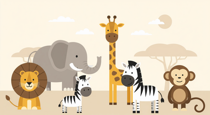 Kids-Mundo flat illustration artwork of safari animals including lion, elephant, giraffe, zebras and monkey