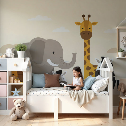 Kids-Mundo cartoon safari animals wall mural featuring a lion, elephant and giraffe in a soft nursery
