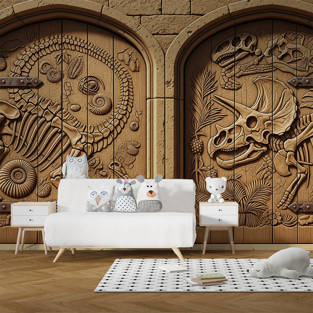 Kids-Mundo dinosaur skeleton door mural behind a bed in a kids bedroom