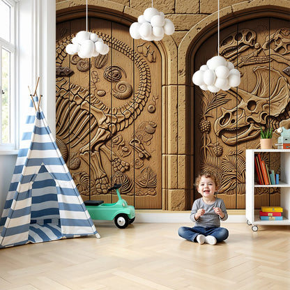 Kids-Mundo carved dinosaur fossil doors wall mural in a warm beige nursery