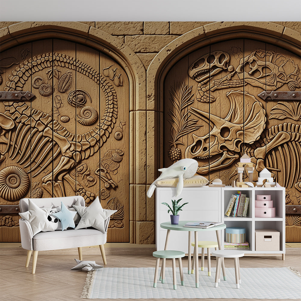Kids-Mundo carved fossil dinosaur mural bringing a temple feature to a playroom
