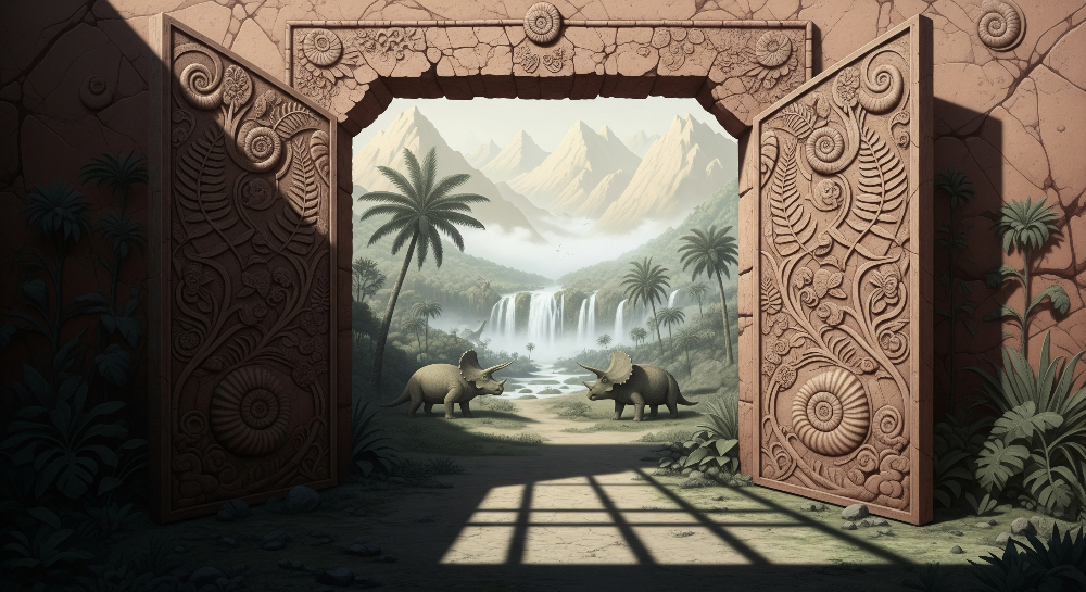 Carved Stone Doors Triceratops Jungle Waterfall Wall Mural