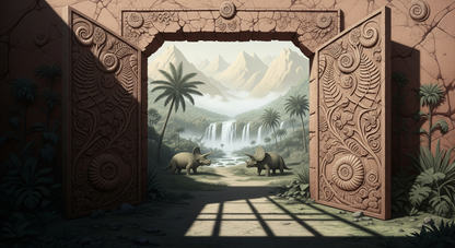 Kids-Mundo flat artwork of the carved stone doors triceratops jungle waterfall mural design