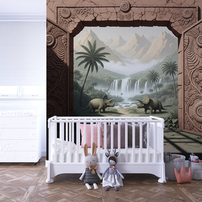 Kids-Mundo jungle waterfall dinosaur wall mural decorating a playful children's playroom
