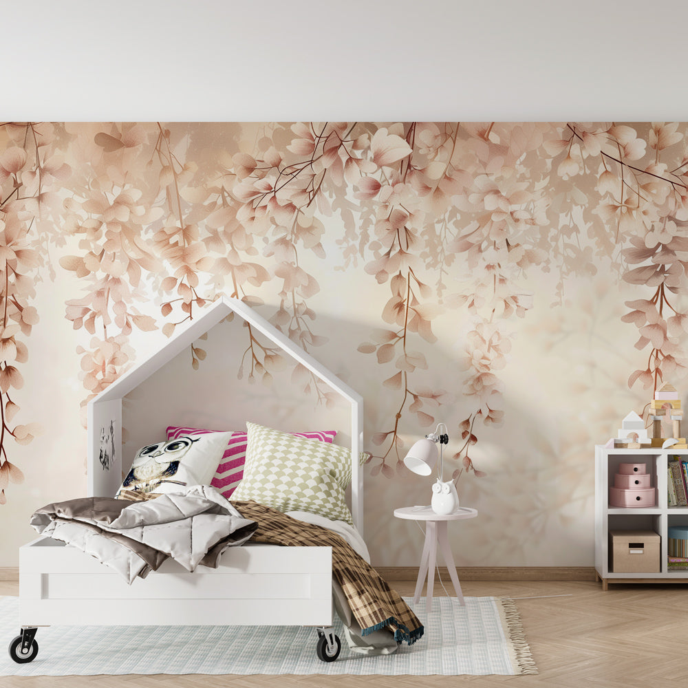 Kids-Mundo cascading floral wall mural featured in a girl's bedroom with cosy bedding.