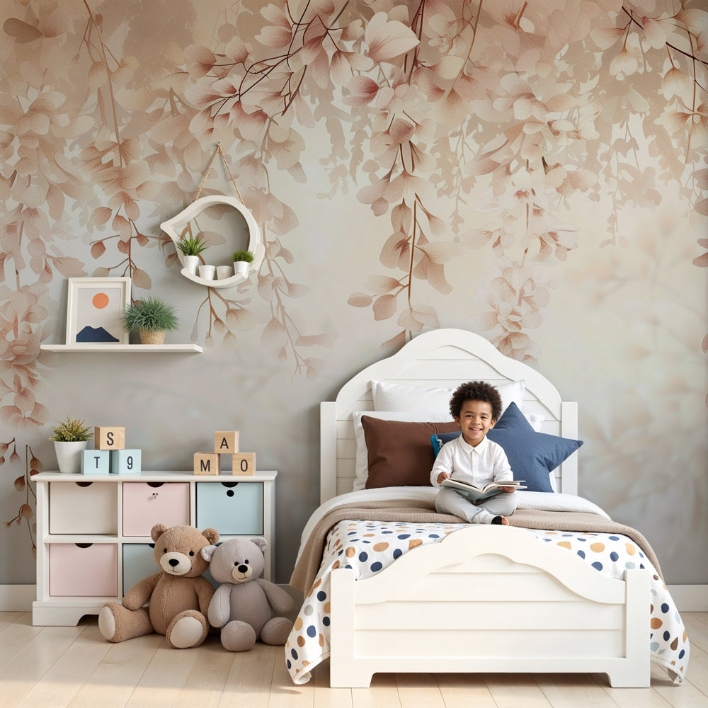 Kids-Mundo blush wisteria wall mural styled above a cot in a soft pastel nursery.