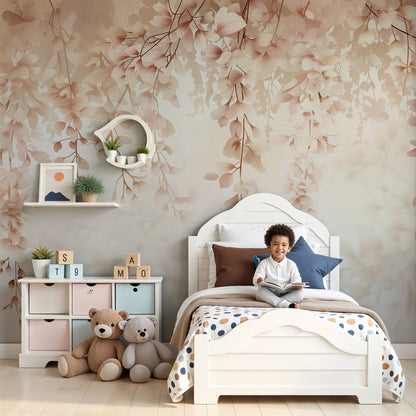 Kids-Mundo blush wisteria wall mural styled above a cot in a soft pastel nursery.
