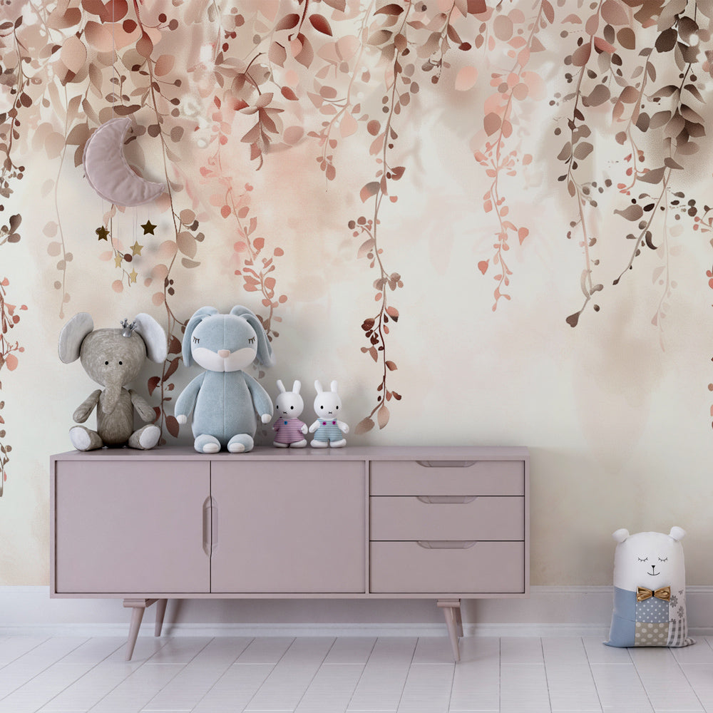Kids-Mundo trailing leaf wall mural on a kids bedroom wall, creating a gentle botanical backdrop.