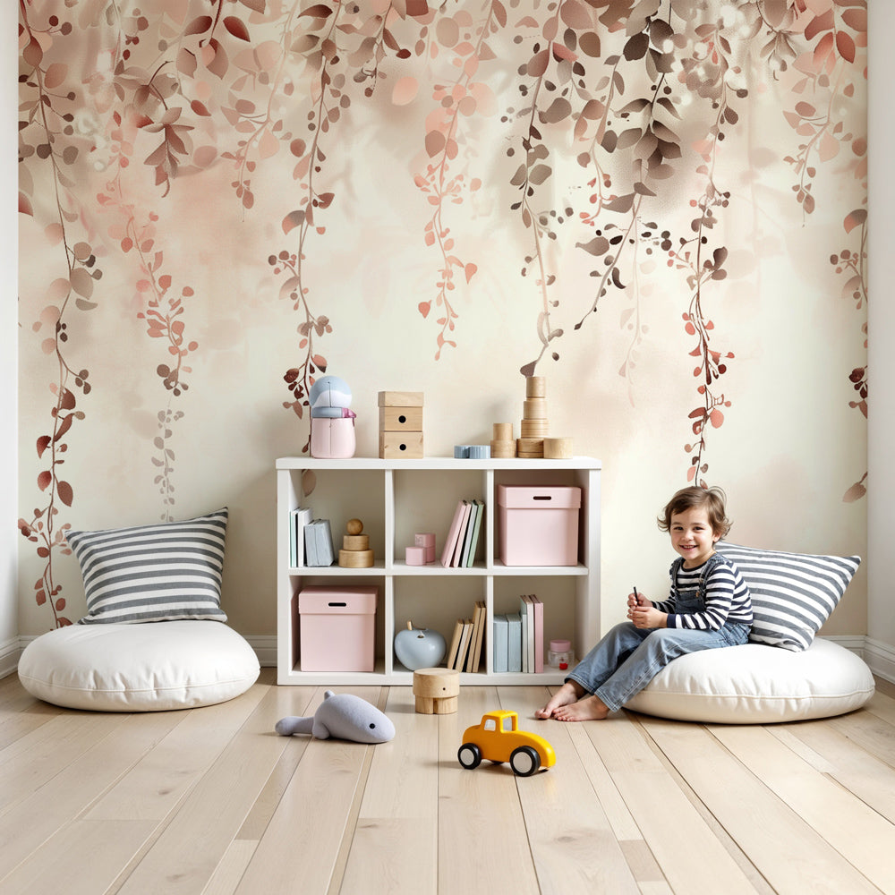 Kids-Mundo cascading pastel leaf wall mural styled in a calm nursery with soft dusty pink tones.