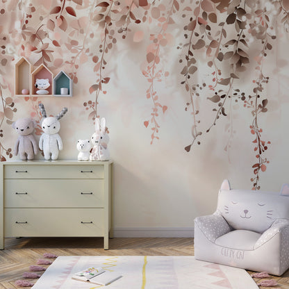 Kids-Mundo pastel leaf mural styled in a playroom, softening the space with cascading foliage.