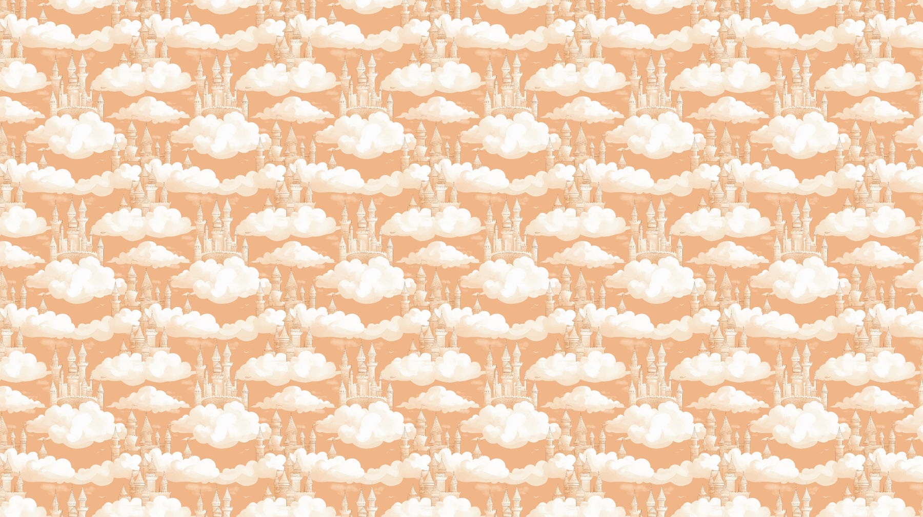 Detailed castle clouds mural wallpaper design pattern with orange tones by Kids-Mundo