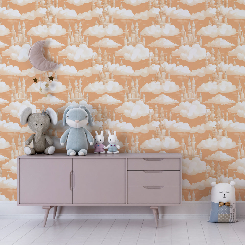 Fairytale castle mural wallpaper transforming toddler room into enchanted kingdom