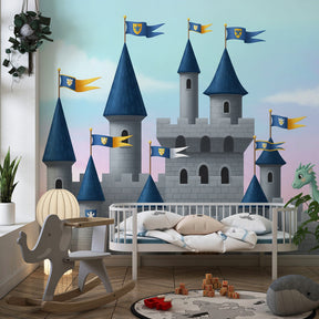 Medieval castle wallpaper creating magical nursery decor with blue pastel tones