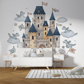 Magical kingdom wallpaper creating fairy-tale atmosphere in children's bedroom