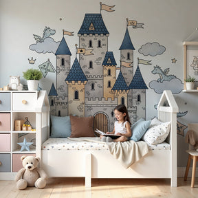 Castle dragons mural wallpaper in enchanting nursery room setting by Kids-Mundo