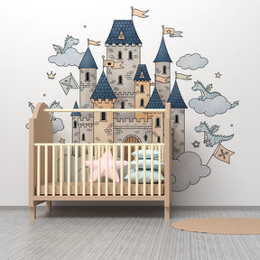 Fantasy castle and dragons wallpaper decorating kids playroom with adventure theme