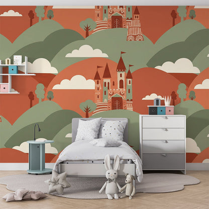 Kids-Mundo castle hills pattern mural covering a child's bedroom feature wall.