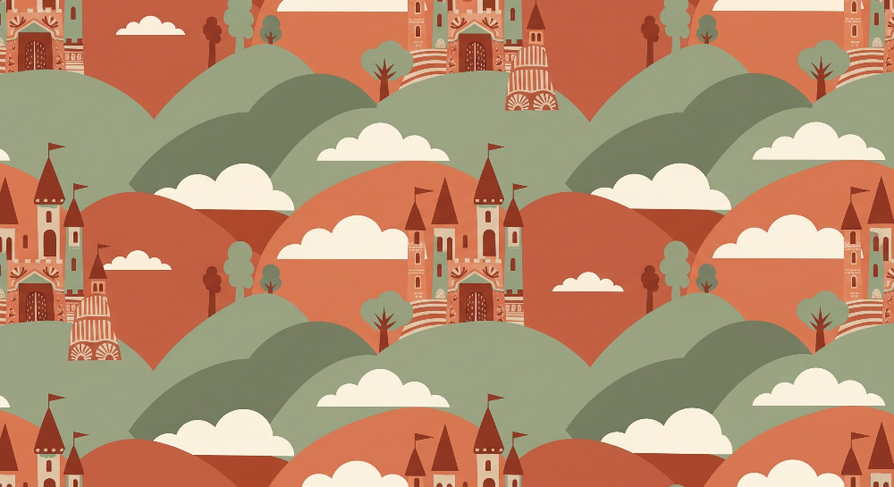 Kids-Mundo flat artwork of a repeating pattern with small castles on rolling hills.