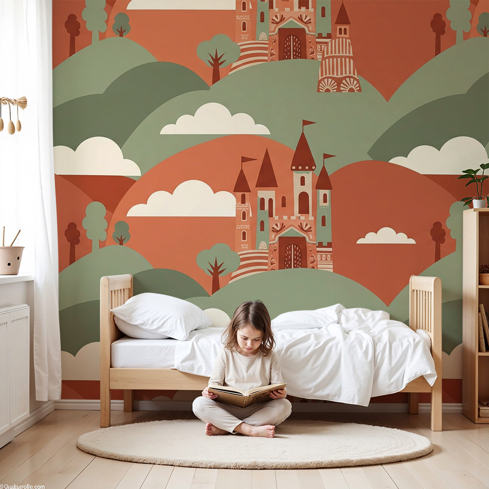 Kids-Mundo castle pattern wall mural styled across a soft countryside nursery wall.