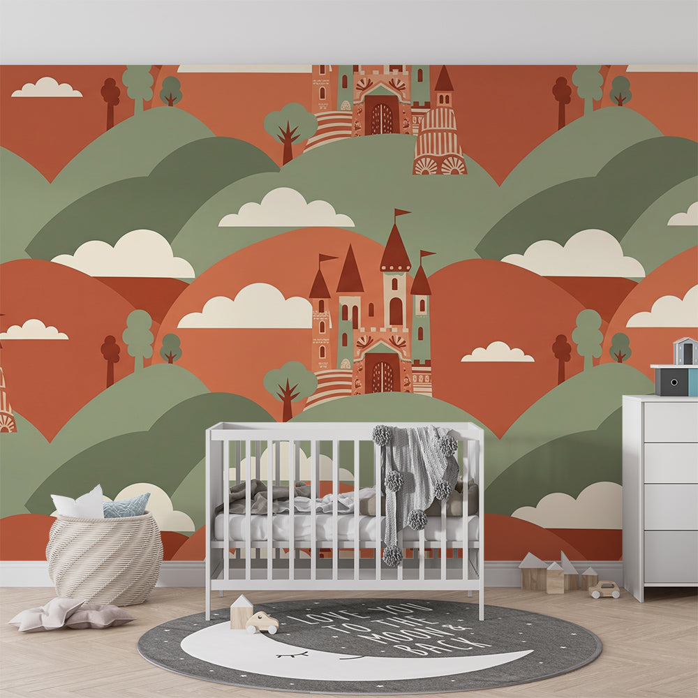 Kids-Mundo castle pattern wall mural bringing rolling countryside to a playroom.