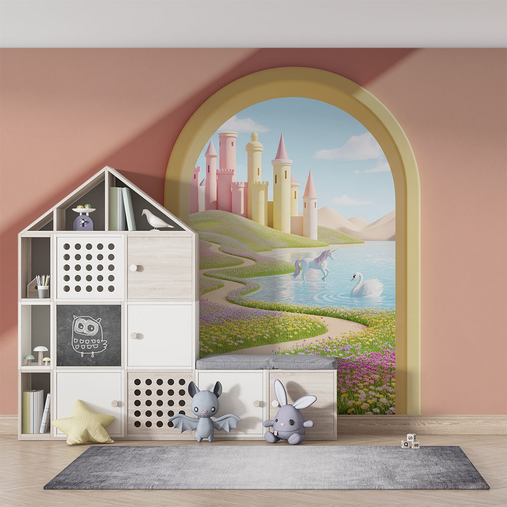 Kids-Mundo unicorn wall mural with castle towers and a lake shown on a kids bedroom wall.