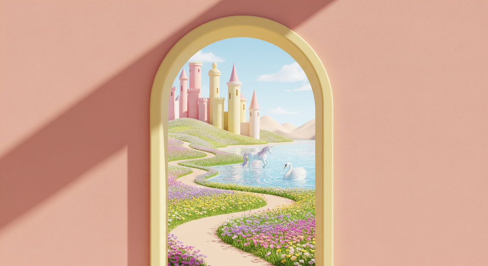 Kids-Mundo flat artwork preview of the fairytale castle wall mural design with a unicorn and swan.
