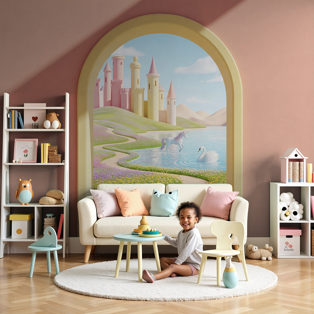 Kids-Mundo fairytale castle unicorn wall mural mockup styled in a pastel nursery interior.