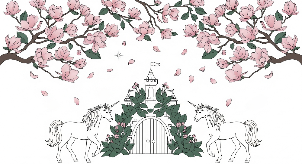 Kids-Mundo flat artwork of two unicorns beside a castle gate under magnolia blossom branches
