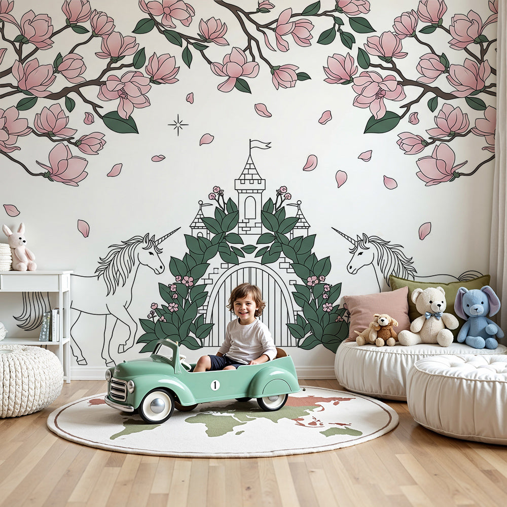Kids-Mundo castle and magnolia unicorn wall mural fitted above a cot in a light nursery