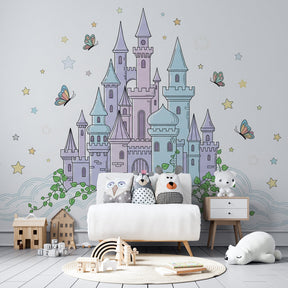 Enchanted castle wallpaper transforming children's bedroom into magical kingdom space