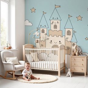 Castle mural wallpaper in modern kids bedroom with cloud kingdom theme by Kids-Mundo