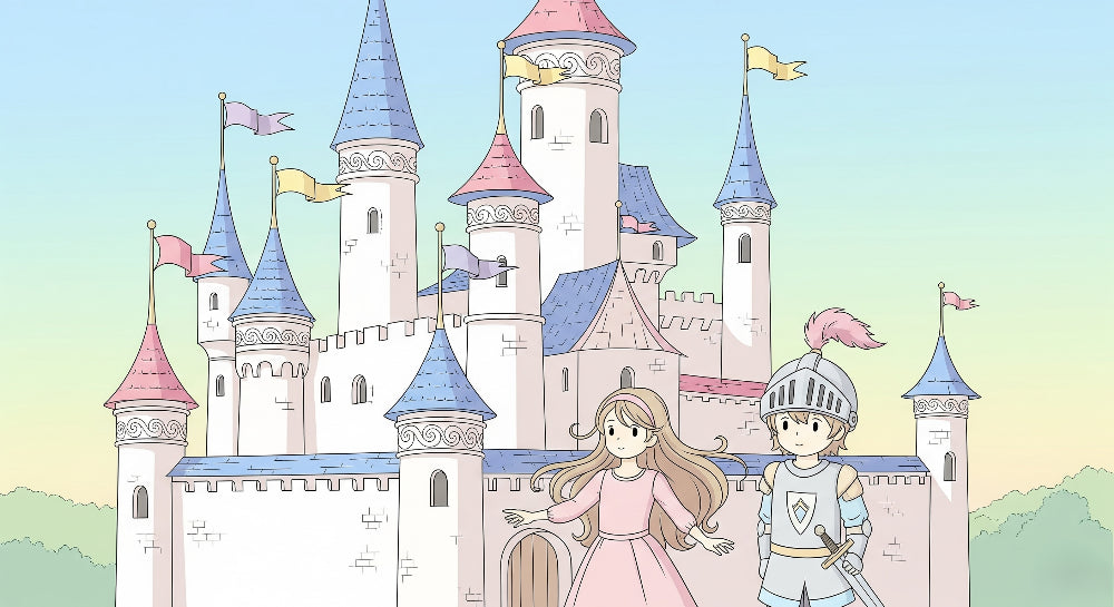 Detailed fairy tale castle mural wallpaper design pattern with prince and princess by Kids-Mundo