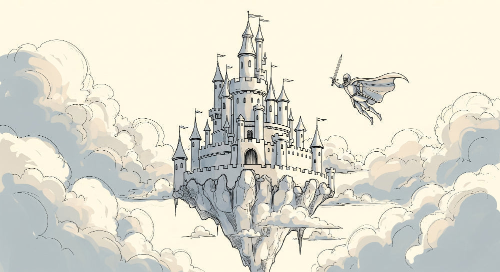 Detailed enchanted castle mural wallpaper design pattern with knight and floating fortress by Kids-Mundo