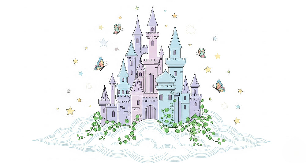 Detailed magical castle mural wallpaper design pattern with clouds and butterflies by Kids-Mundo