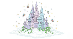 Detailed magical castle mural wallpaper design pattern with clouds and butterflies by Kids-Mundo