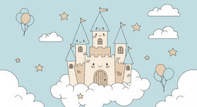 Detailed castle cloud mural wallpaper design pattern with stars and balloons by Kids-Mundo