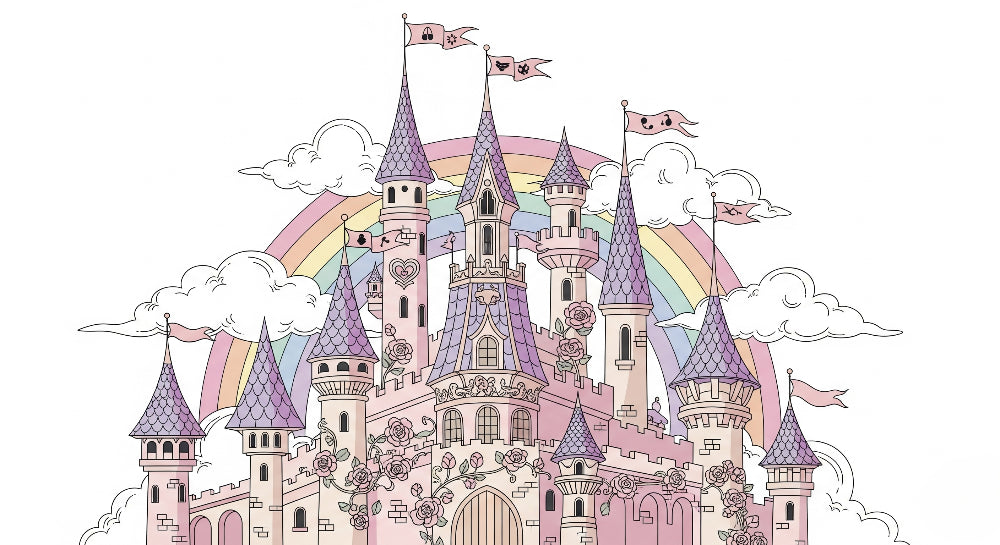 Detailed enchanted castle with rainbow mural wallpaper design pattern by Kids-Mundo