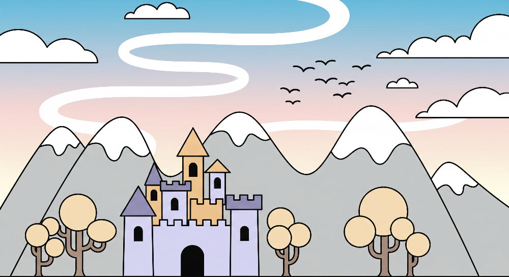 Detailed castle and mountains mural wallpaper design pattern with clouds and birds by Kids-Mundo