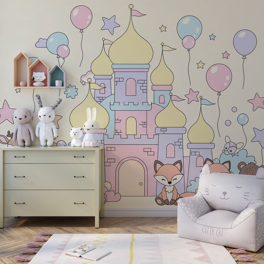 Whimsical castle mural wallpaper transforming children's room into magical kingdom