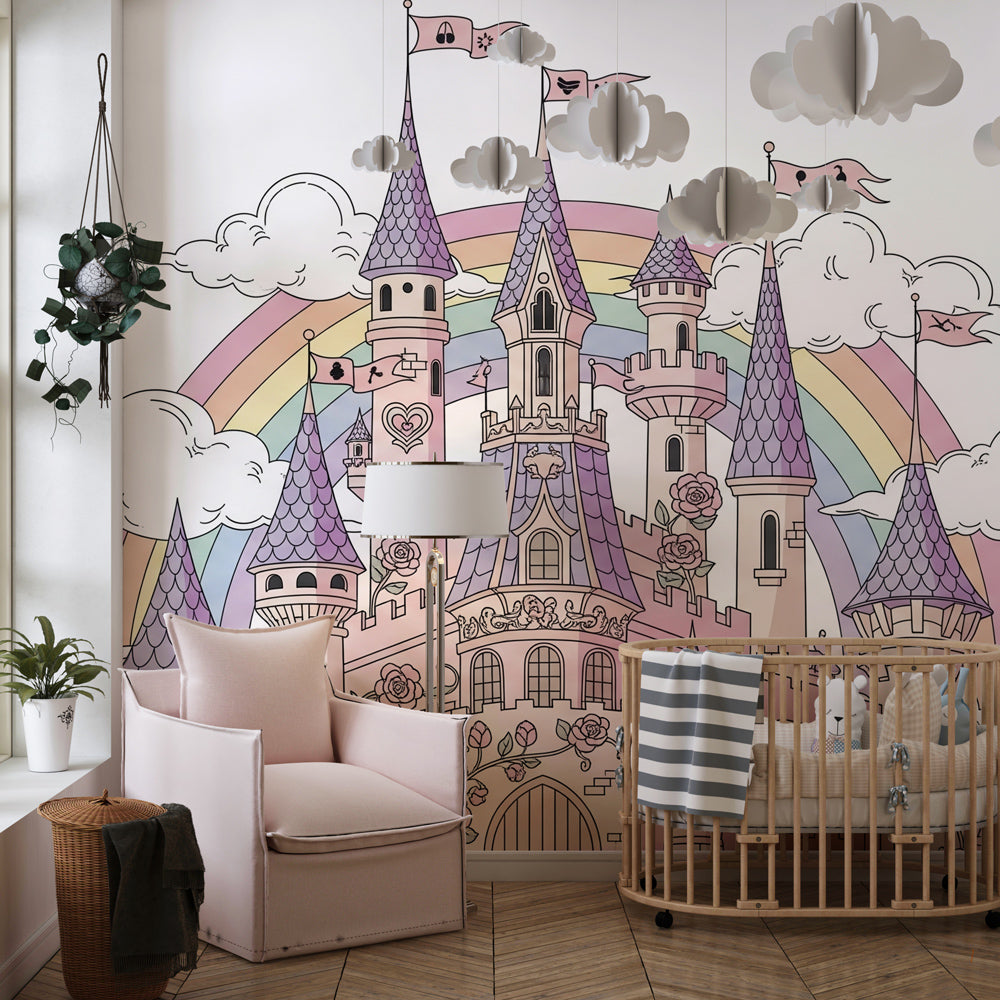 Fairy-tale castle wallpaper transforming children's bedroom into dreamy kingdom space