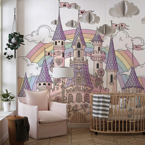 Fairy-tale castle wallpaper transforming children's bedroom into dreamy kingdom space