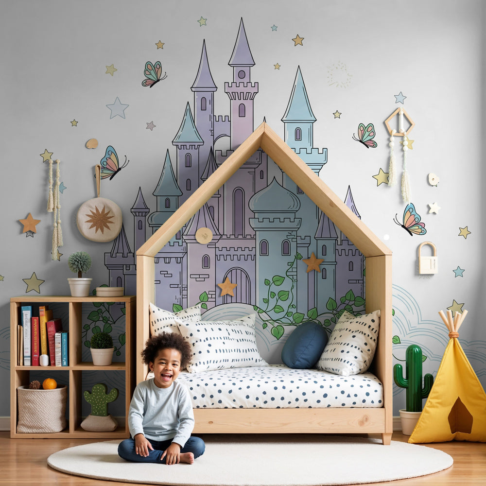Magical castle mural wallpaper with cloud palace in dreamy kids bedroom by Kids-Mundo