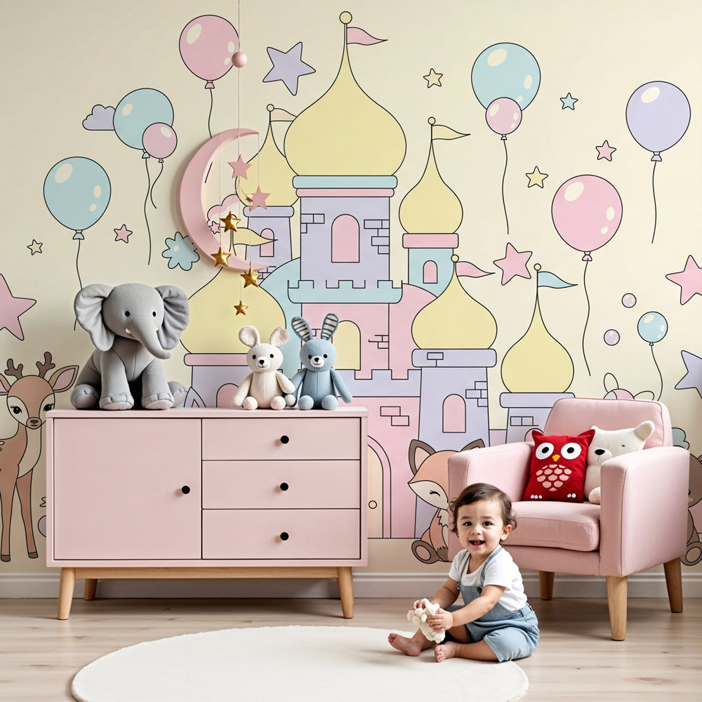 Magical castle mural wallpaper with forest animals in elegant nursery room by Kids-Mundo