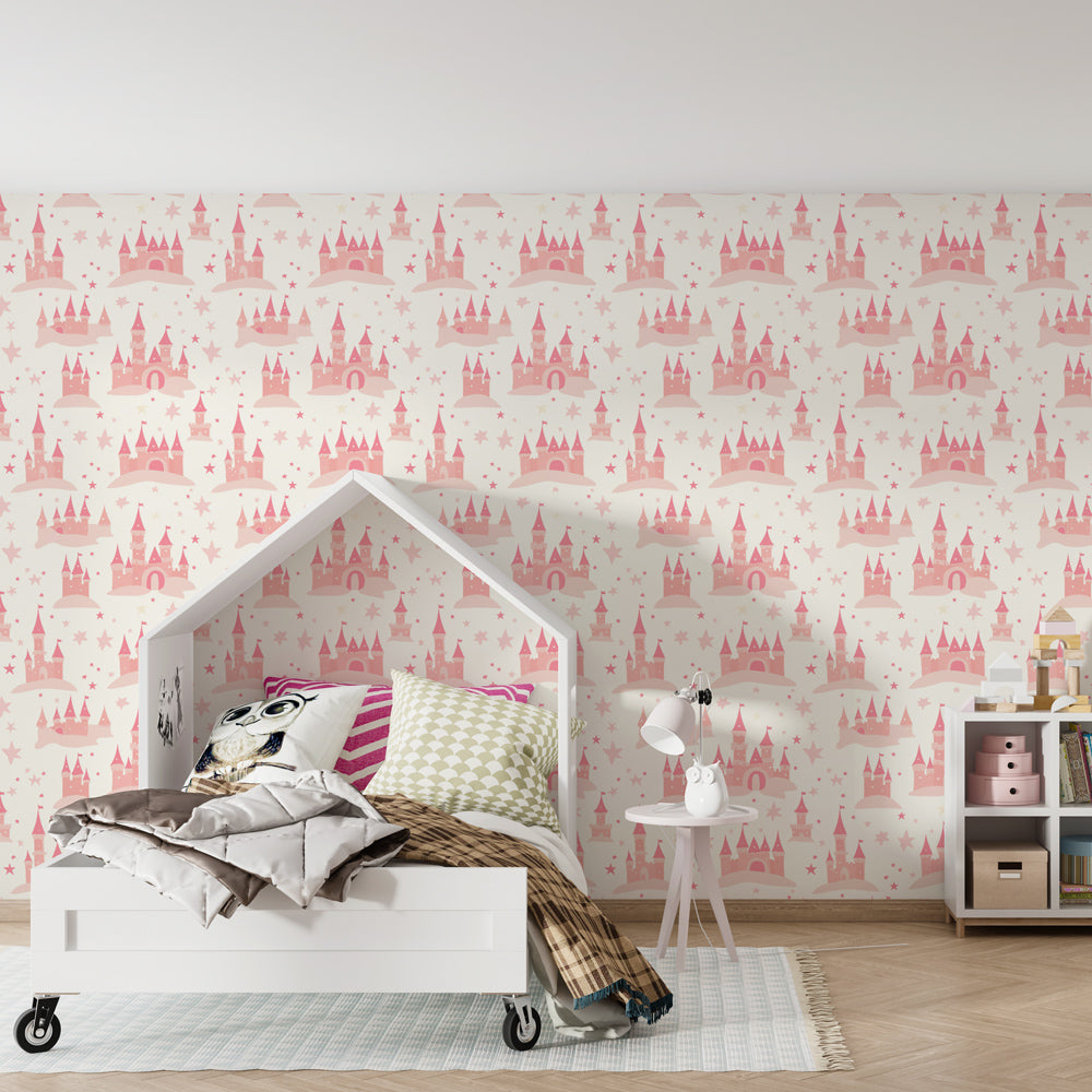 Fairy-tale castle wallpaper creating magical nursery atmosphere with soft pink tones