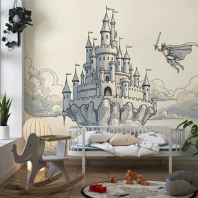 Castle in clouds wallpaper transforming nursery into dreamy kingdom with knight and turrets by Kids-Mundo