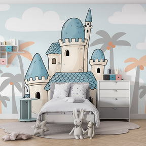 Castle wallpaper with palm trees transforming nursery into fairy tale kingdom decor