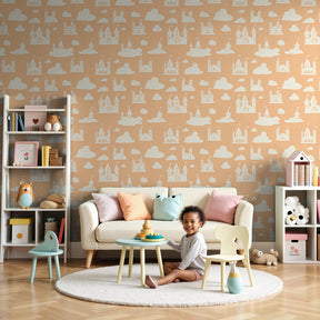 Castle mural wallpaper with floating castles in soft nursery setting by Kids-Mundo