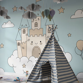 Whimsical castle wallpaper transforming kids playroom into fairy tale kingdom